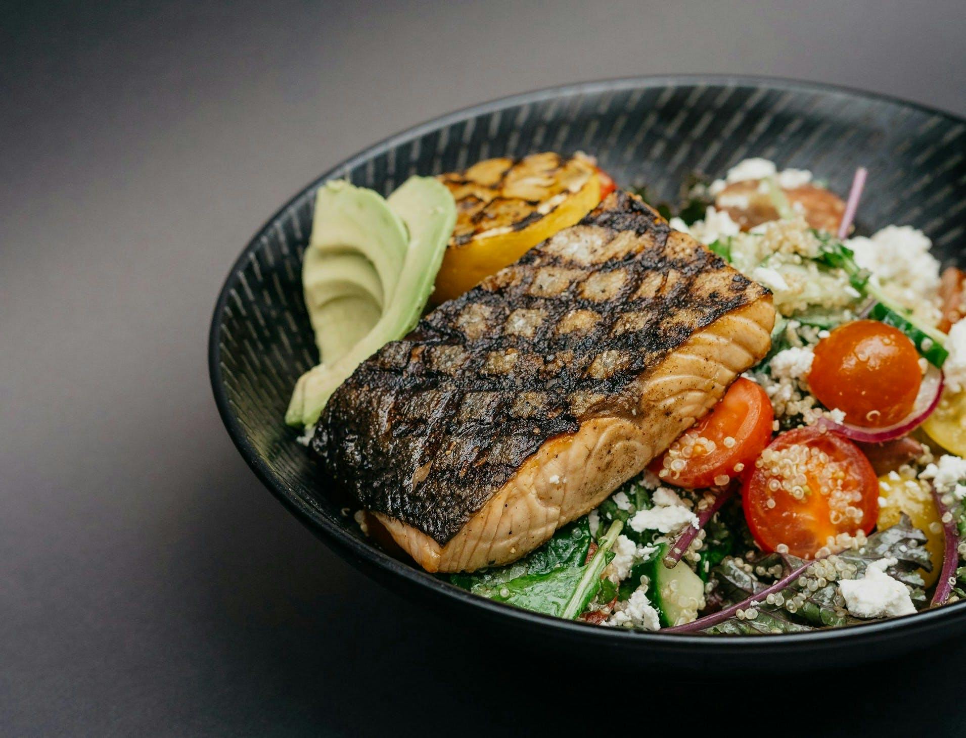 high-protein salmon salad in shallow bowl